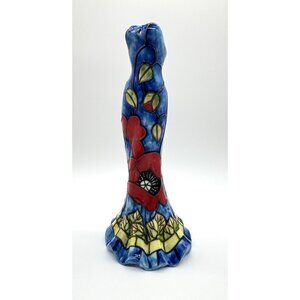 Benaya Dress Vase Art Deco Blue Ceramic Red Poppy Flowers Signed AK 06 12"
